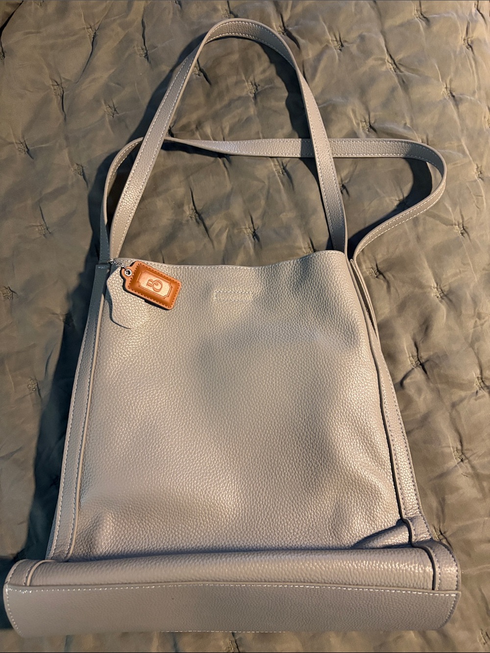 Pebbled Light Gray Leather Shoulder Bag with Tan Accent